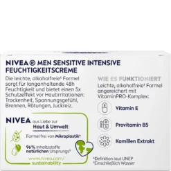 NIVEA MEN Sensitive Intensive Moisturizing Cream back packaging ingredients and usage