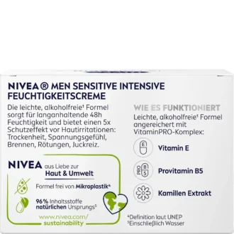 NIVEA MEN Sensitive Intensive Moisturizing Cream back packaging ingredients and usage