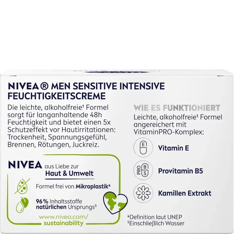 NIVEA MEN Sensitive Intensive Moisturizing Cream back packaging ingredients and usage