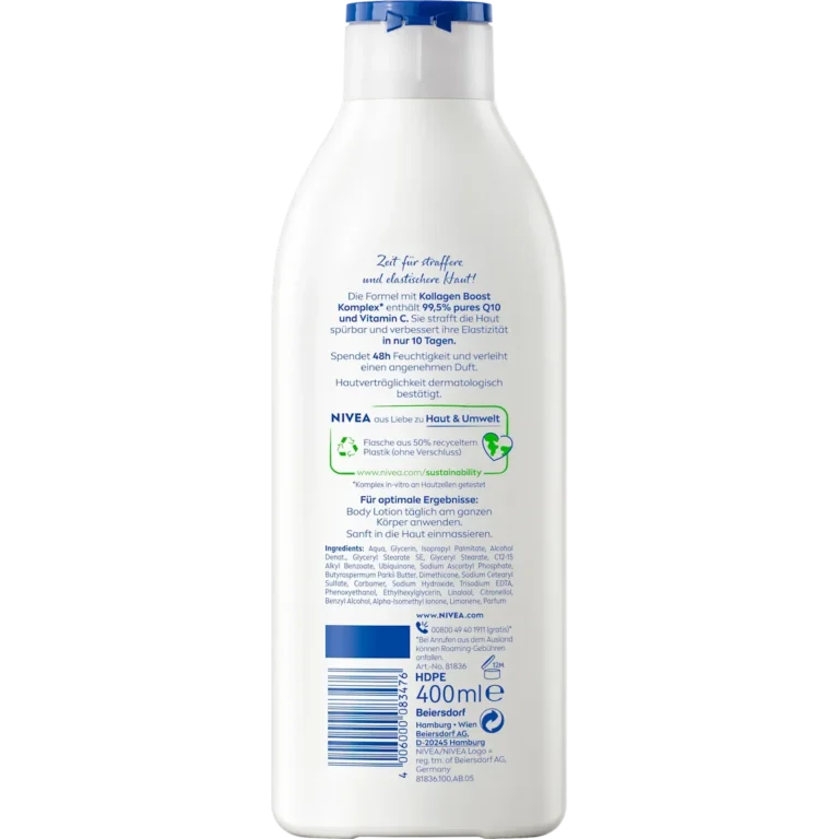 NIVEA Q10 Firming Body Lotion 400 ml back with ingredients and product information