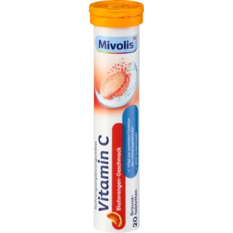 Mivolis DM Vitamin C Effervescent Tablets, 20pc Mivolis Vitamin C effervescent tablets 20 pack front view - blood orange flavor immune support
