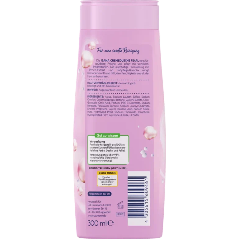 ISANA Pearl Cream Shower ingredients and packaging back view