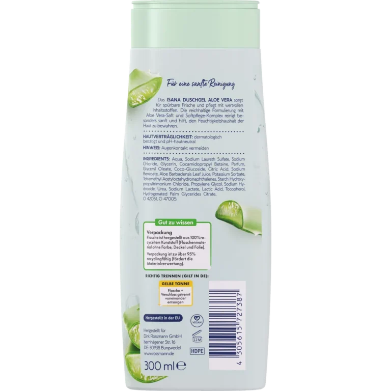 Isana Shower Gel Aloe, 300ml ISANA Aloe Vera shower gel ingredients and packaging back view