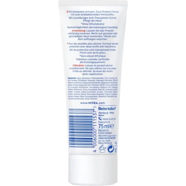 Back of Nivea Dry Comfort Deo Creme with full INCI list and usage instructions.