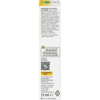 Back packaging of alverde Natural Expert Vitamin C Eye Cream showing ingredients and directions