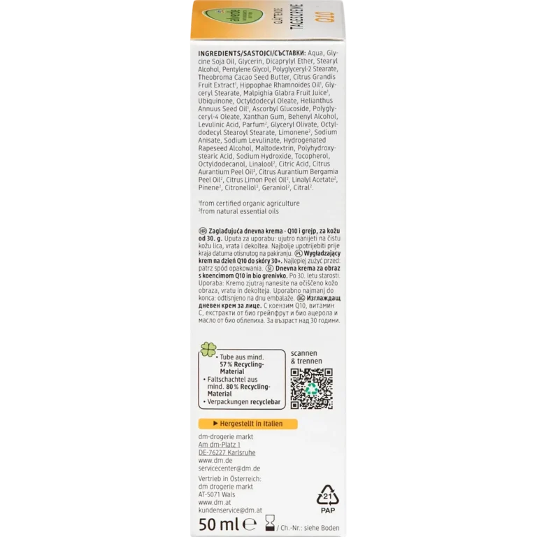 alverde Q10 Face Cream 30+ side packaging ingredients and details