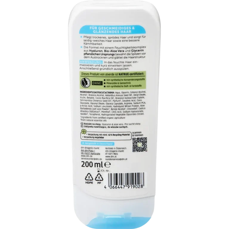 Back of alverde Moisture Conditioner 200 ml with ingredients and directions