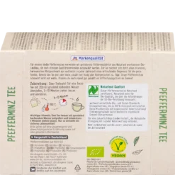 dmBio Organic Peppermint Tea, 50 Tea Bags, 75 g dmBio Organic Peppermint Tea, 50 tea bags, 75 g – back packaging with preparation and organic certification details