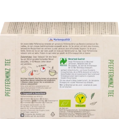 dmBio Organic Peppermint Tea, 50 Tea Bags, 75 g dmBio Organic Peppermint Tea, 50 tea bags, 75 g – back packaging with preparation and organic certification details