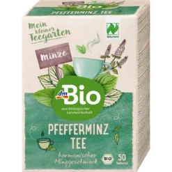 dmBio Organic Peppermint Tea, 50 tea bags, 75 g – front view of the box