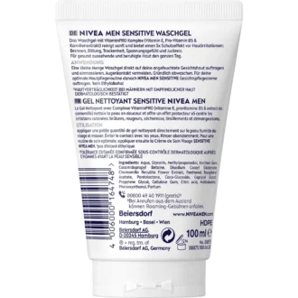 NIVEA MEN Sensitive Face Wash Gel back packaging ingredients and usage instructions