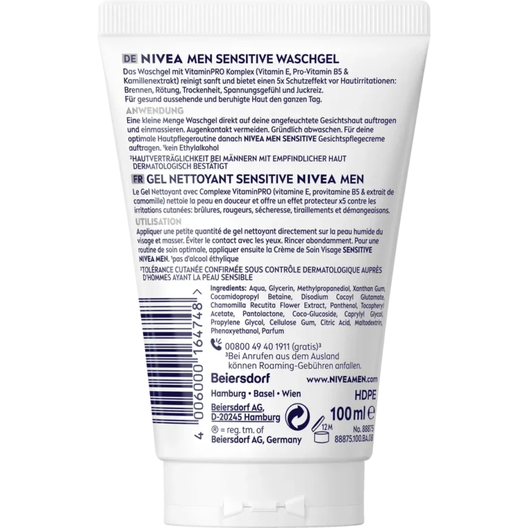 NIVEA MEN Sensitive Face Wash Gel back packaging ingredients and usage instructions
