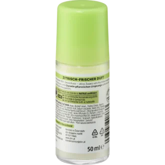 Back of Alverde Fresh Mint and Bergamot Deodorant Roll-On 50 ml showing ingredients and product information