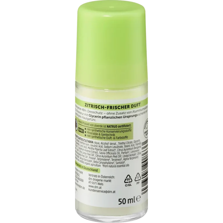 Back of Alverde Fresh Mint and Bergamot Deodorant Roll-On 50 ml showing ingredients and product information