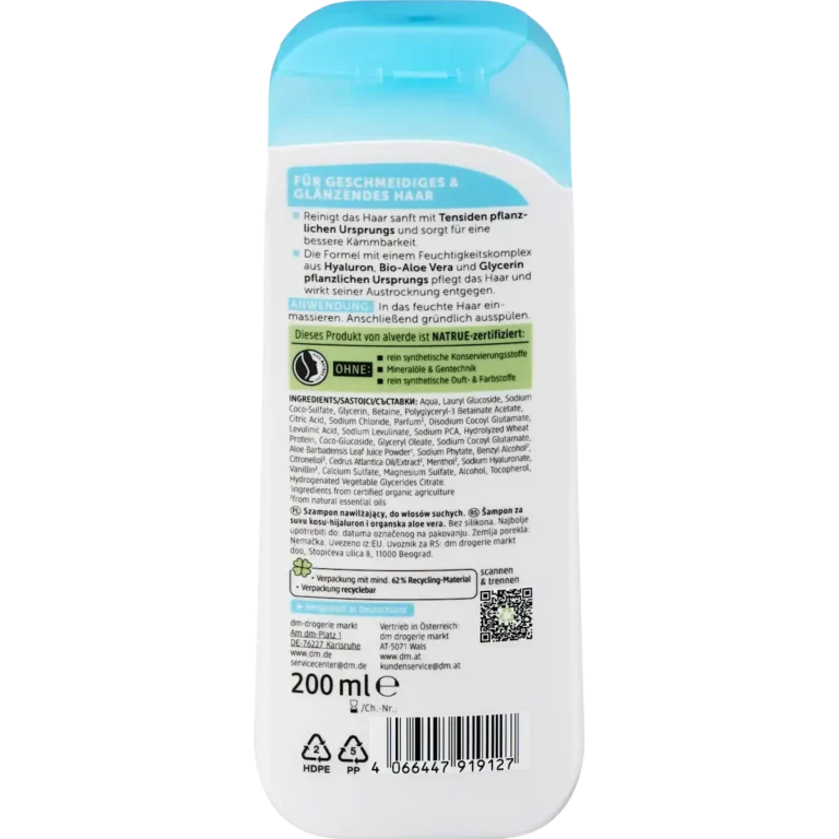 Back of alverde Moisture Shampoo 200 ml with ingredients and product information