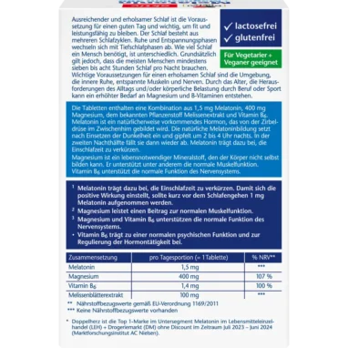 Doppelherz Melatonin + Magnesium 400 back label with nutrition facts