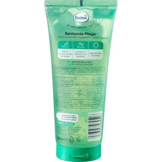 Back of Balea Aloe Vera Body Gel 200 ml with ingredients and application instructions