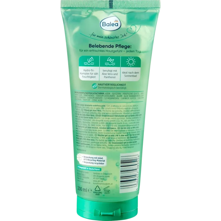 Back of Balea Aloe Vera Body Gel 200 ml with ingredients and application instructions