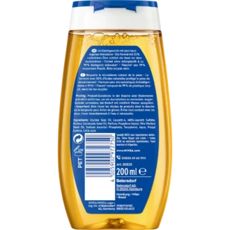 Close-up of NIVEA Rich Care Shower Oil bottle showing the oil-to-foam texture