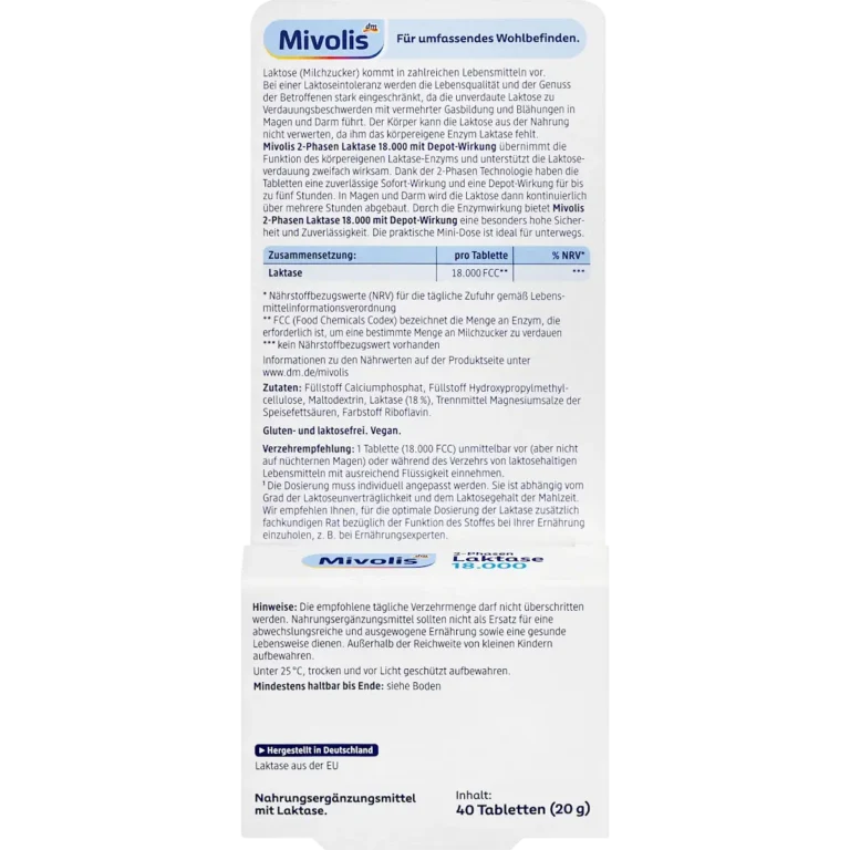 Mivolis Lactase 18000 Tablets Packaging and Supplement Facts