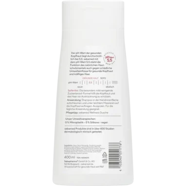 Ingredients & instructions on Sebamed Every-Day Shampoo back label