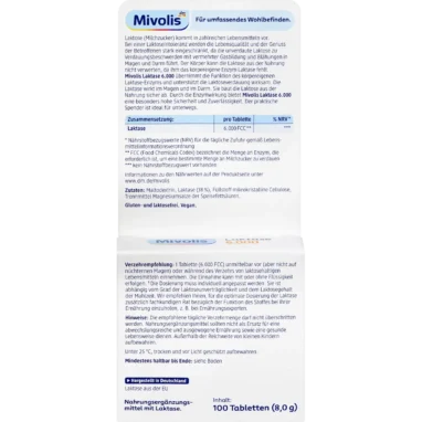 Mivolis Lactase 6000, 100 Mini Tablets Backside
