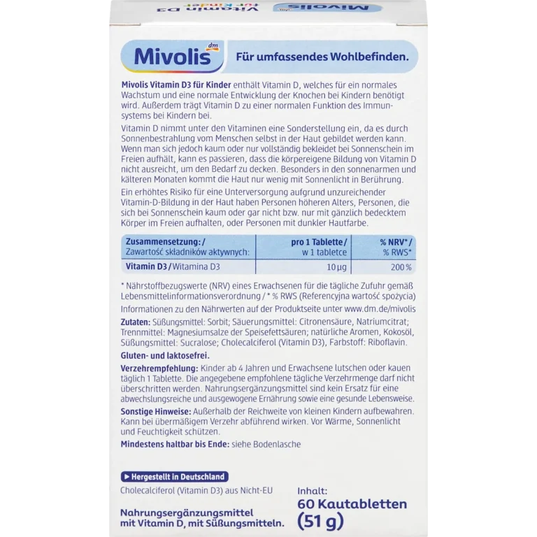 Mivolis Vitamin D3 Chewable Tablets for Children nutrition facts and dosage information