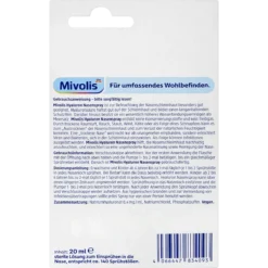 Mivolis Hyaluron Nose Spray, 20ml Back of Mivolis Hyaluronic Acid Nasal Spray 20 ml showing composition and usage information
