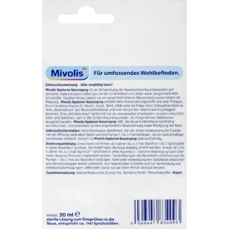 Back of Mivolis Hyaluronic Acid Nasal Spray 20 ml showing composition and usage information
