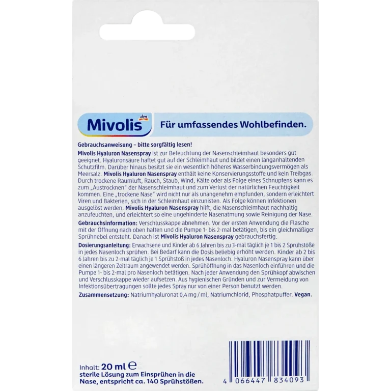 Mivolis Hyaluron Nose Spray, 20ml Back of Mivolis Hyaluronic Acid Nasal Spray 20 ml showing composition and usage information