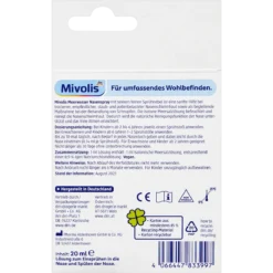 Back of Mivolis Sea Water Nasal Spray 20 ml showing composition and usage information