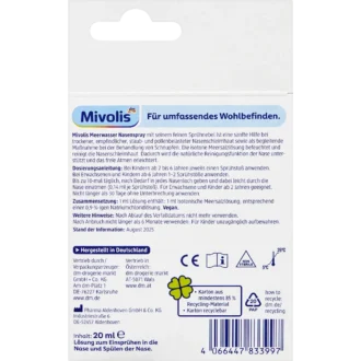 Back of Mivolis Sea Water Nasal Spray 20 ml showing composition and usage information