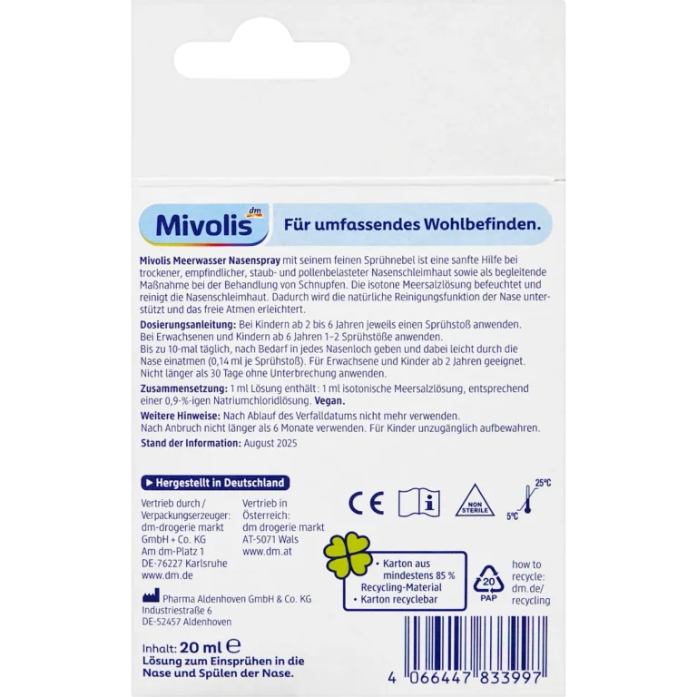 Back of Mivolis Sea Water Nasal Spray 20 ml showing composition and usage information