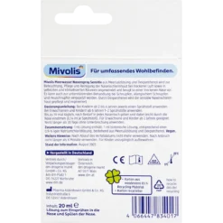 Mivolis Seawater Nose Spray Sensitive, 20ml Back of Mivolis Sensitive Sea Water Nasal Spray 20 ml showing composition and usage information