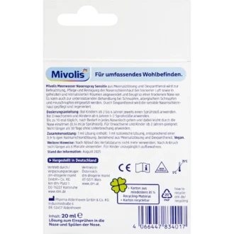 Back of Mivolis Sensitive Sea Water Nasal Spray 20 ml showing composition and usage information