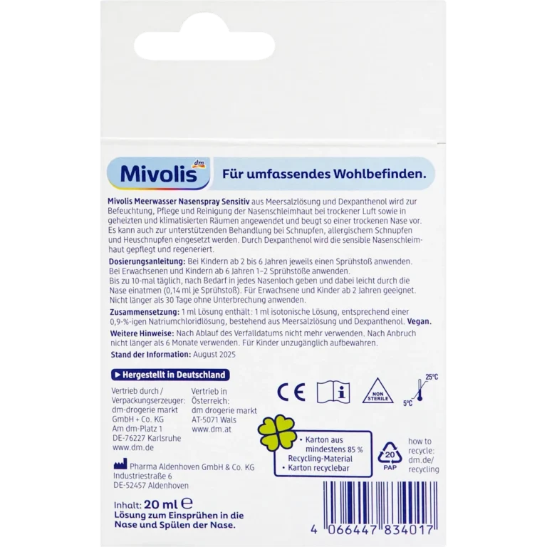 Mivolis Seawater Nose Spray Sensitive, 20ml Back of Mivolis Sensitive Sea Water Nasal Spray 20 ml showing composition and usage information