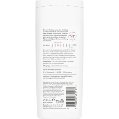 Sebamed Lotion 200 ml back label with ingredients and usage