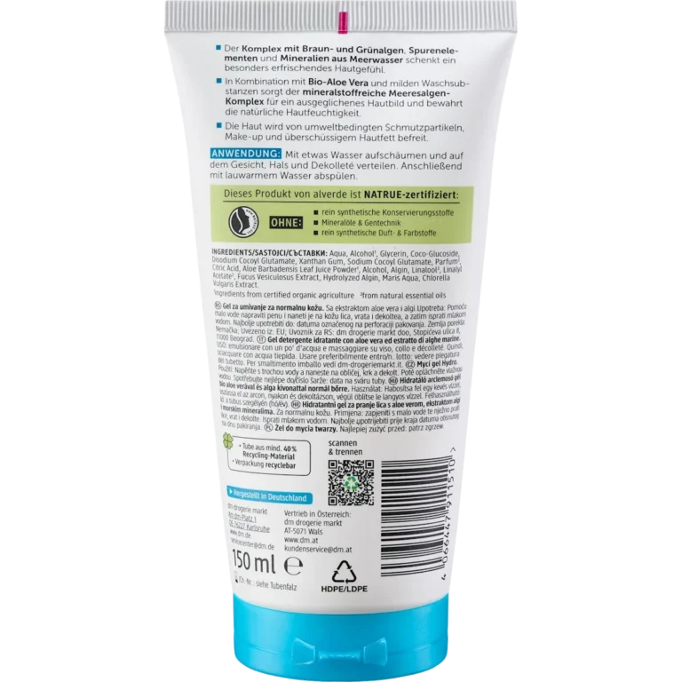 alverde Hydro Cleansing Gel back packaging ingredients and details