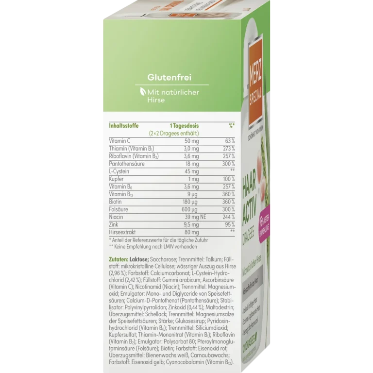 Merz Spezial Hair Active Dragees ingredients with biotin, zinc and L-cysteine