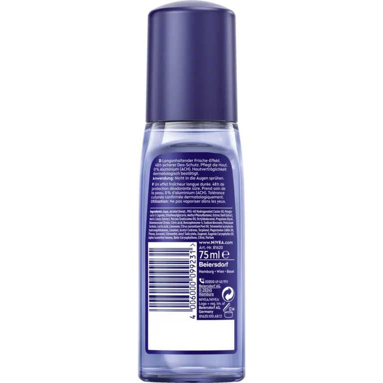 Back of NIVEA MEN Fresh Active Deodorant Pump Spray 75 ml showing ingredients and product information
