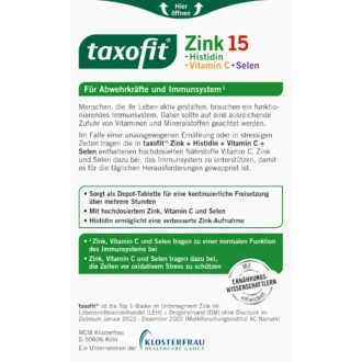 Taxofit Zinc + Histidine + Vitamin C + Selenium, 40 Tablets - Backside