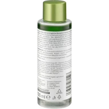 alverde 2-Phase Make-Up Remover – back view showing ingredients and usage instruction