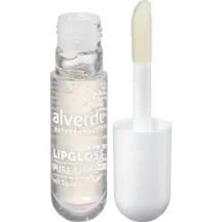 alverde Pure Shine Lip Gloss 10 Clear Aura, transparent lip gloss with subtle shimmer, 5 ml