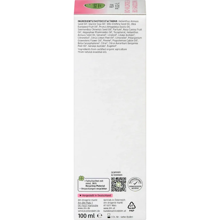 Alverde Body Oil Relax Wild Rose Sea Buckthorn, 100ml Back of alverde Relax Wild Rose Body Oil 100 ml with ingredients and application information