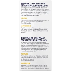 NIVEA MEN Sensitive Face Cream SPF 15 back packaging ingredients and instructions