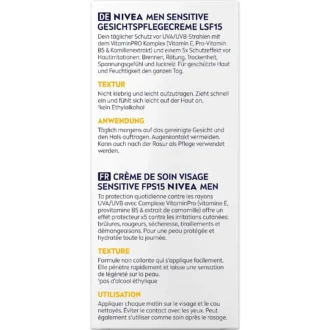 NIVEA MEN Sensitive Face Cream SPF 15 back packaging ingredients and instructions