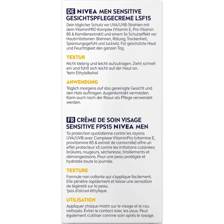 NIVEA MEN Sensitive Face Cream SPF 15 back packaging ingredients and instructions
