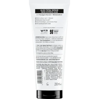 Product ingredients and usage instructions of Gliss Kur 1-Min Express Treatment