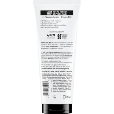 Product ingredients and usage instructions of Gliss Kur 1-Min Express Treatment