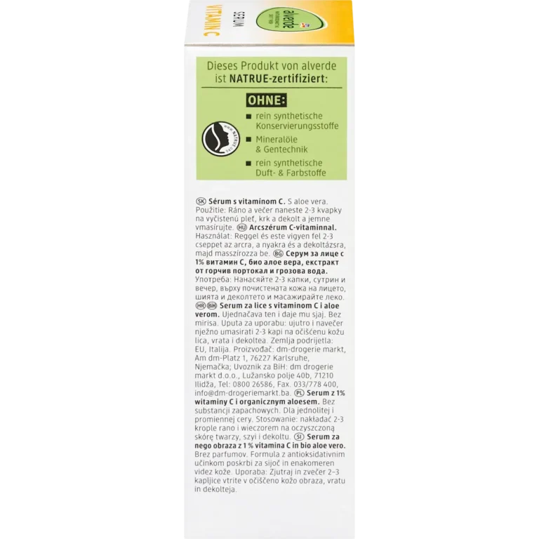 alverde Vitamin C Serum back packaging ingredients and details